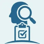 minimalist blue icon of a head and clipboard with a checkmark, representing professional psychological assessment webp