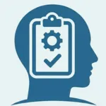 minimalist steel blue icon of a head silhouette with a medical clipboard and gear symbol, representing clinical medication management webp