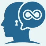 minimalist steel blue therapy icon featuring a head silhouette and infinity speech bubble for mental health counseling webp