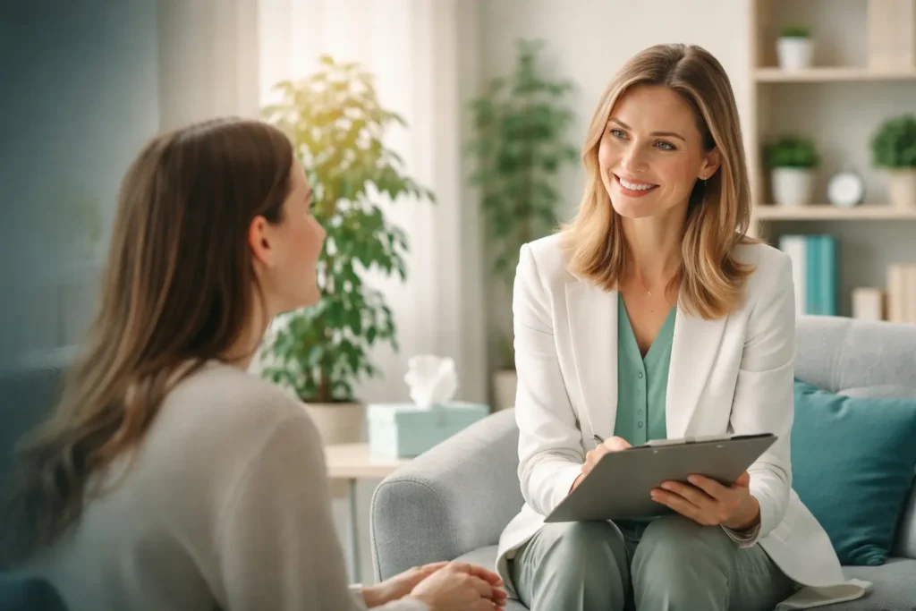 professional psychiatrist providing mental health consultation to a patient in a modern clinic.