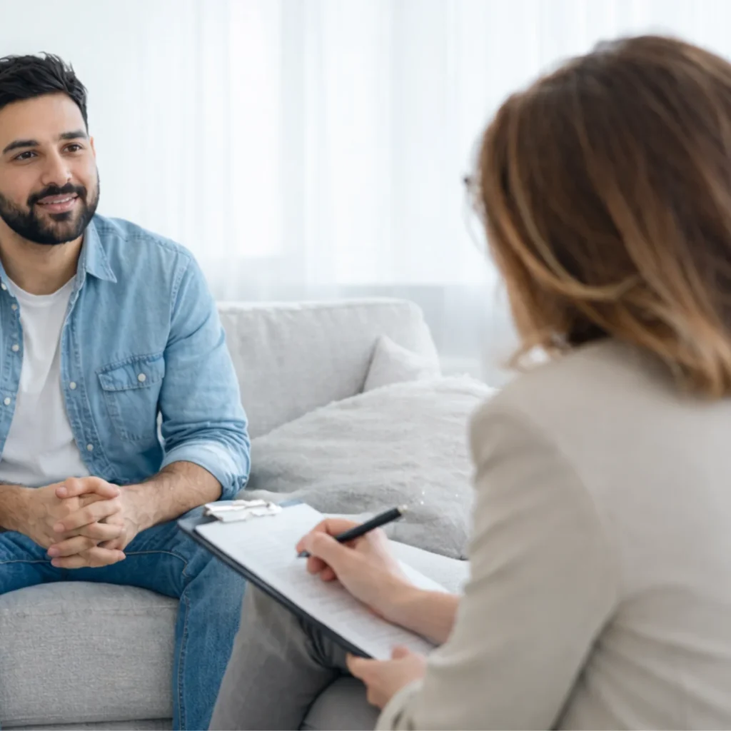 young man in therapy session speaking with counselor on sofa